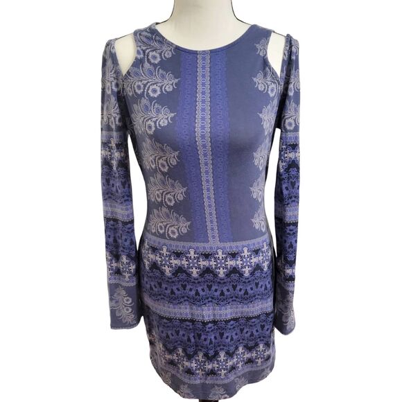 Free People cold shoulder open back long sleeve blue mini dress Sz S - Picture 2 of 6